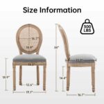 Farmhouse Solid Wood Frame Dining Chairs with Cushioned Linen Seat & Woven Rattan Backrest for Kitchen, Dining Room, Living Room, Grey, Set of 2