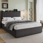 Upholstered Bed, 4ft6 Double Bed 135x190cm, Storage Bed, Soft Backrest, 4 Drawers With Pulleys, Metal Under-bed Bracket, With Bed Slats, Charging Port,For Adults & Teenagers, Linen, Grey No Mattress