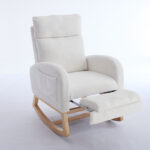 015B-Teddy Fabric Leisure Rocking Chair,Nursery Rocking Chair With Adjustable Footstool,Thickened Headrest And High Backrest, Storage Pocket On The Right Side,The Base Rocker Is Solid Wood,White
