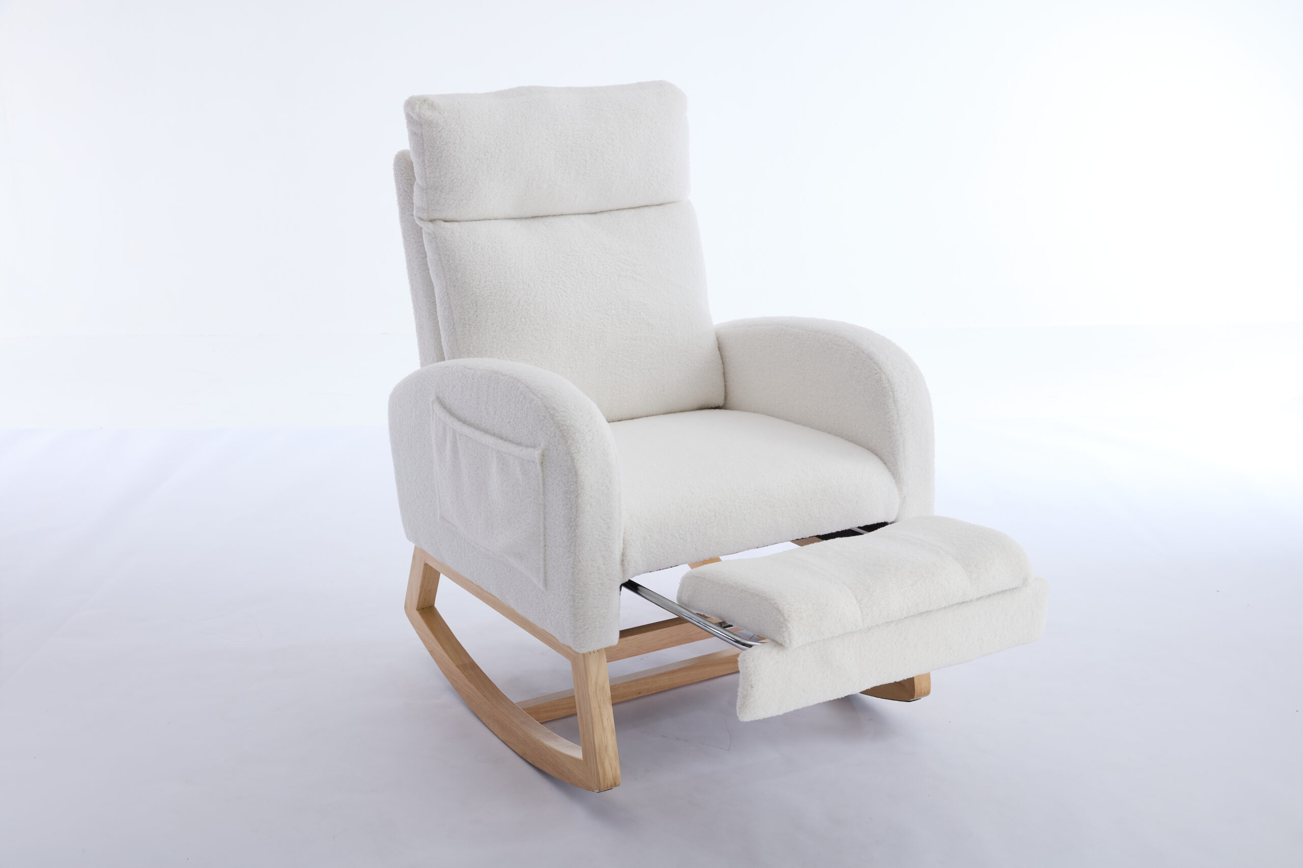 015B-Teddy Fabric Leisure Rocking Chair,Nursery Rocking Chair With Adjustable Footstool,Thickened Headrest And High Backrest, Storage Pocket On The Right Side,The Base Rocker Is Solid Wood,White - Image 14
