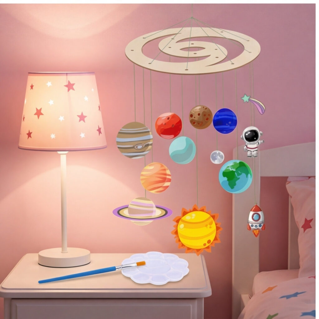 Solar System Craft Set With Wooden Pieces, Paintbrushes, And Mixing Palette—Creative Solar System Model For Kids, Educational DIY Set For Space Projects—Party Accessory Set