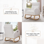 015B-Teddy Fabric Leisure Rocking Chair,Nursery Rocking Chair With Adjustable Footstool,Thickened Headrest And High Backrest, Storage Pocket On The Right Side,The Base Rocker Is Solid Wood,White