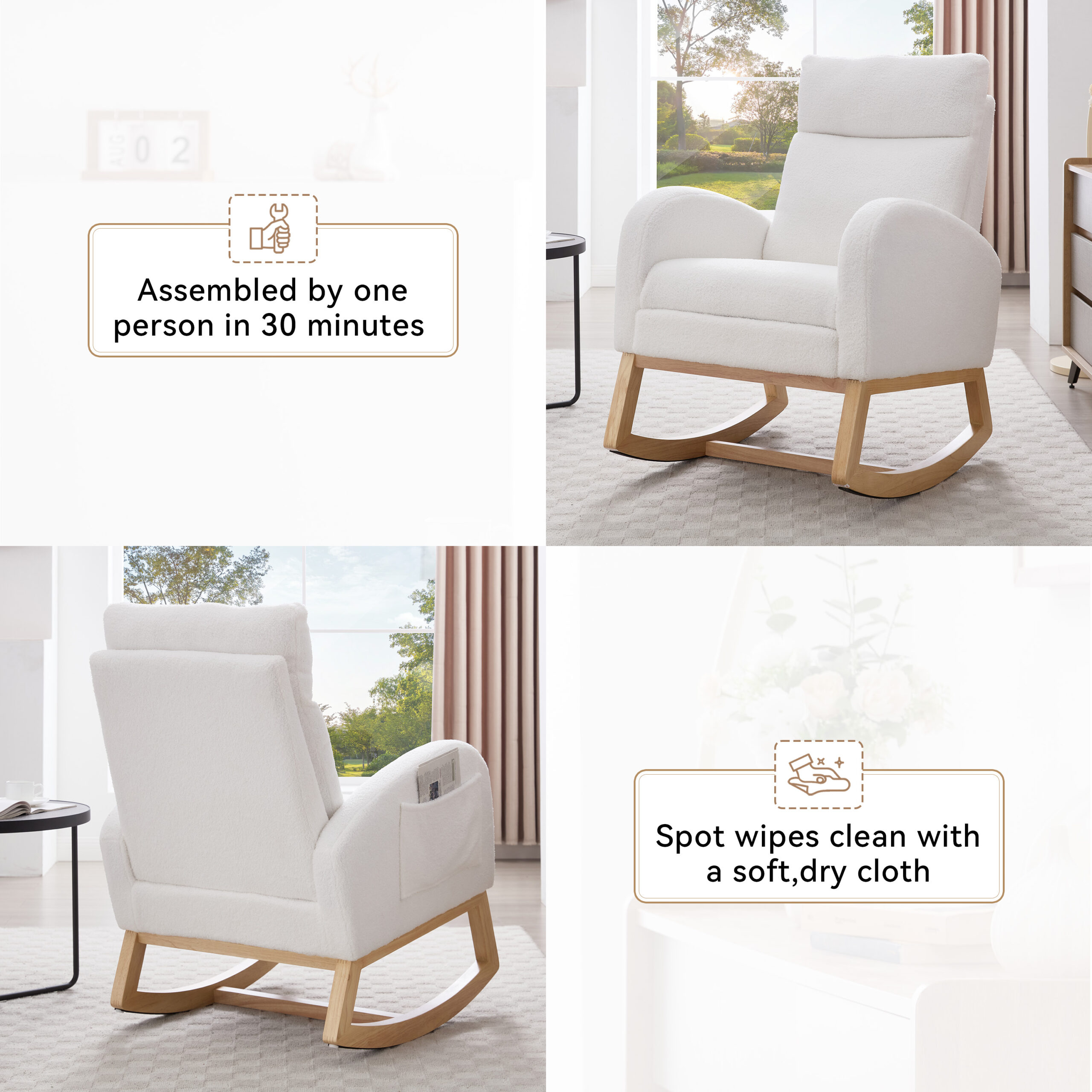 015B-Teddy Fabric Leisure Rocking Chair,Nursery Rocking Chair With Adjustable Footstool,Thickened Headrest And High Backrest, Storage Pocket On The Right Side,The Base Rocker Is Solid Wood,White - Image 15