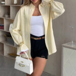 Womens Striped Blouse With A Sophisticated Touch Bell Sleeves And Lace-trimmed Long Sleeves
