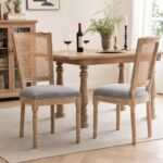 Farmhouse Solid Wood Frame Dining Chairs with Cushioned Linen Seat & Woven Rattan Tapered Backrest for Kitchen, Dining Room, Living Room, Grey, Set of 2