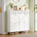 Narrow Shoe Cabinet With 4 Flip Doors And 2 Drawers, Adjustable Shelves, Metal Handles, Top Shelf For Organized Storage, Space-Saving Storage For 16-20 Pairs, White, 106.5 X 25 X 105.5 Cm
