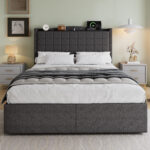 Upholstered Bed, 4ft6 Double Bed 135x190cm, Storage Bed, Soft Backrest, 4 Drawers With Pulleys, Metal Under-bed Bracket, With Bed Slats, Charging Port,For Adults & Teenagers, Linen, Grey No Mattress