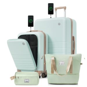 4-Piece Luggage Set with USB Charging Ports - 20in Carry-On (Front-Opening for Laptop) 28in Checked Suitcase with TSA Lock Travel Duffel Bag Wet-Dry Toiletry Bag, grey green