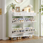 Narrow Shoe Cabinet With 4 Flip Doors And 2 Drawers, Adjustable Shelves, Metal Handles, Top Shelf For Organized Storage, Space-Saving Storage For 16-20 Pairs, White, 106.5 X 25 X 105.5 Cm