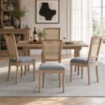 Farmhouse Solid Wood Frame Dining Chairs with Cushioned Linen Seat & Woven Rattan Tapered Backrest for Kitchen, Dining Room, Living Room, Grey, Set of 2