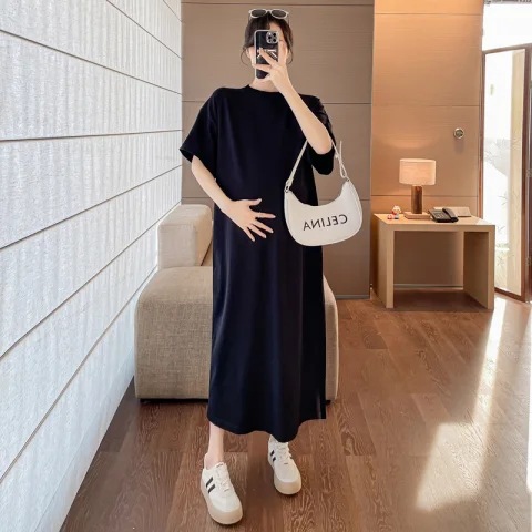Maternity Short-sleeve Striped Midi Dress