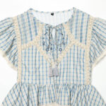 Womens Summer New Arrival Round-Neck Plaid Embroidered Hollow-Out Ruffle-Trim Top