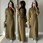 Womens Elegant Solid-color Shirt Single-breasted Lace-up Dress