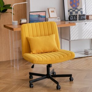 Yellow Linen Criss Cross Armless Office Chair with Wheels - Versatile for Home Office, Meditation & Makeup