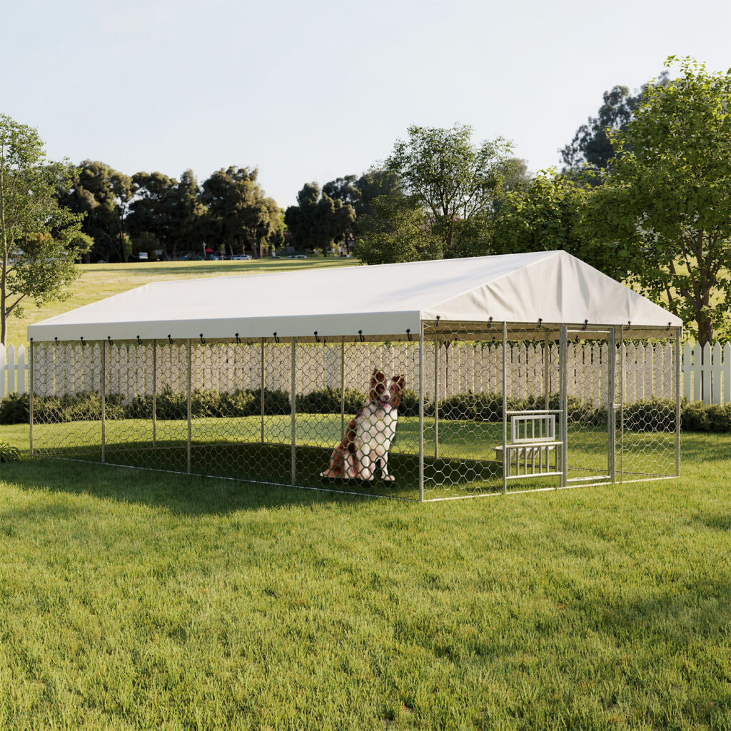 20x10 FT Large Outdoor Dog Kennel with Canopy, Heavy Duty Galvanized Steel Frame, Waterproof Cover, Built-in Elevated Feeding Bowls, Escape-Proof Lockable Pet Playpen for Large Dogs & Multiple Animal