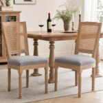 Farmhouse Solid Wood Frame Dining Chairs with Cushioned Linen Seat & Woven Rattan Tapered Backrest for Kitchen, Dining Room, Living Room, Grey, Set of 2
