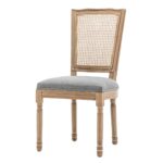 Farmhouse Solid Wood Frame Dining Chairs with Cushioned Linen Seat & Woven Rattan Tapered Backrest for Kitchen, Dining Room, Living Room, Grey, Set of 2