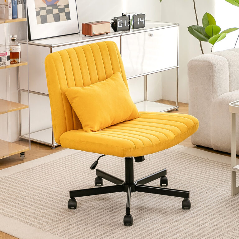 Yellow Linen Criss Cross Armless Office Chair with Wheels – Versatile for Home Office, Meditation & Makeup