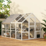 Wooden Catio Outdoor Cat Enclosure With Waterproof Cover, 2 Condos, 6 Platforms, Bridge, Doors, White