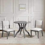 Oak Gray Dining Table Set:39.4" Round Table + 2 Chairs - Traditional Solid Wood Kitchen Set with Inlaid Tabletop, Elegant Curved Legs for Dining Room