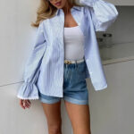 Womens Striped Blouse With A Sophisticated Touch Bell Sleeves And Lace-trimmed Long Sleeves
