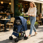 Foldable Pet Stroller for Small Dogs and Cats Under 28 lbs with Multi-Functional Tray, 2 Safety Leashes, Storage Basket & Breathable Mesh, 4 Wheels Pet Stroller, Blue