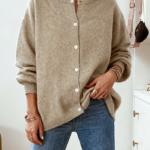 Oversized Crew Neck Button Knit Cardigan Women Soft Puff Sleeve Sweater Coat