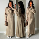 Womens Elegant Solid-color Shirt Single-breasted Lace-up Dress