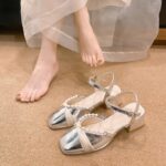 French Silver Mary Janes For Women, Gorgeous Fairy Style Block Heel Closed Toe Sandals Matching Dresses