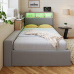 Upholstered Bed, 3FT Single Bed 90x190cm, Daybed Sofa Bed, Modern Velvet Youth Bed, For Adults & Teenagers, With Charging Port, LED Strip, With Storage Space, Easy Assembly, Velvet, Grey No Mattress