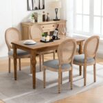 Farmhouse Solid Wood Frame Dining Chairs with Cushioned Linen Seat & Woven Rattan Backrest for Kitchen, Dining Room, Living Room, Grey, Set of 2