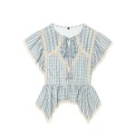 Womens Summer New Arrival Round-Neck Plaid Embroidered Hollow-Out Ruffle-Trim Top