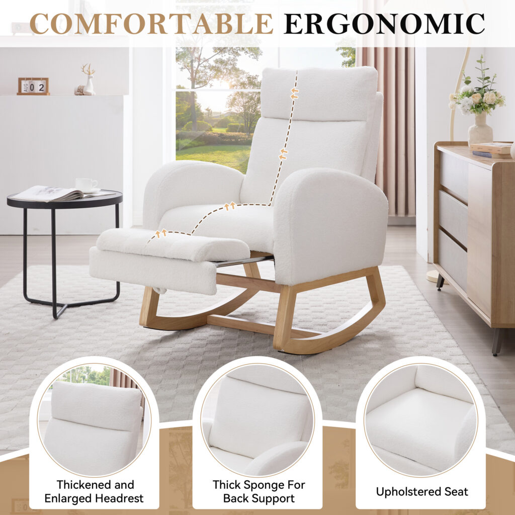 015B-Teddy Fabric Leisure Rocking Chair,Nursery Rocking Chair With Adjustable Footstool,Thickened Headrest And High Backrest, Storage Pocket On The Right Side,The Base Rocker Is Solid Wood,White
