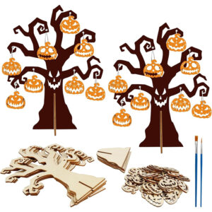56-piece Halloween Craft Kit With Wooden Discs, Paintbrushes, And Wire Decorations