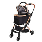 Pet Stroller for Dogs and Cats, 2-in-1 Detachable Foldable 4 Wheels Pet Stroller, Quick One-Hand Fold, Storage Basket, Detachable Carry Basket with Sun Canopy(Black+Gold)