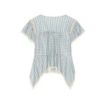 Womens Summer New Arrival Round-Neck Plaid Embroidered Hollow-Out Ruffle-Trim Top