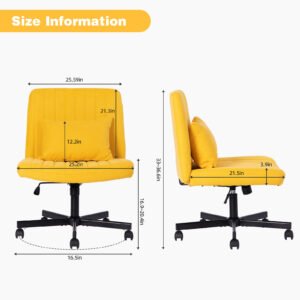 Yellow Linen Criss Cross Armless Office Chair with Wheels - Versatile for Home Office, Meditation & Makeup