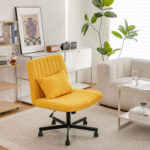 Yellow Linen Criss Cross Armless Office Chair with Wheels - Versatile for Home Office, Meditation & Makeup