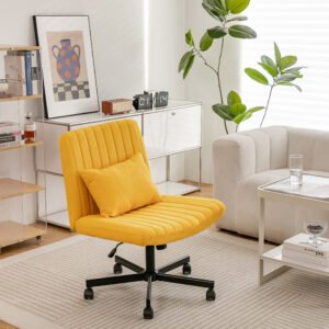 Yellow Linen Criss Cross Armless Office Chair with Wheels - Versatile for Home Office, Meditation & Makeup