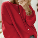 Oversized Crew Neck Button Knit Cardigan Women Soft Puff Sleeve Sweater Coat