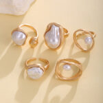 Cross-border European American Minimalist Alloy Irregular Faux Pearl Joint Ring Set For Women, Vintage Stackable Geometric Finger Jewelry