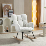 067-Teddy Fabric Leisure Rocking Chair With Adjustable Footstool,Nursery Rocking Chair, High Backrest, Storage Pocket On The Right Side,The Base Rocker Is Solid Wood And Metal,Ivory