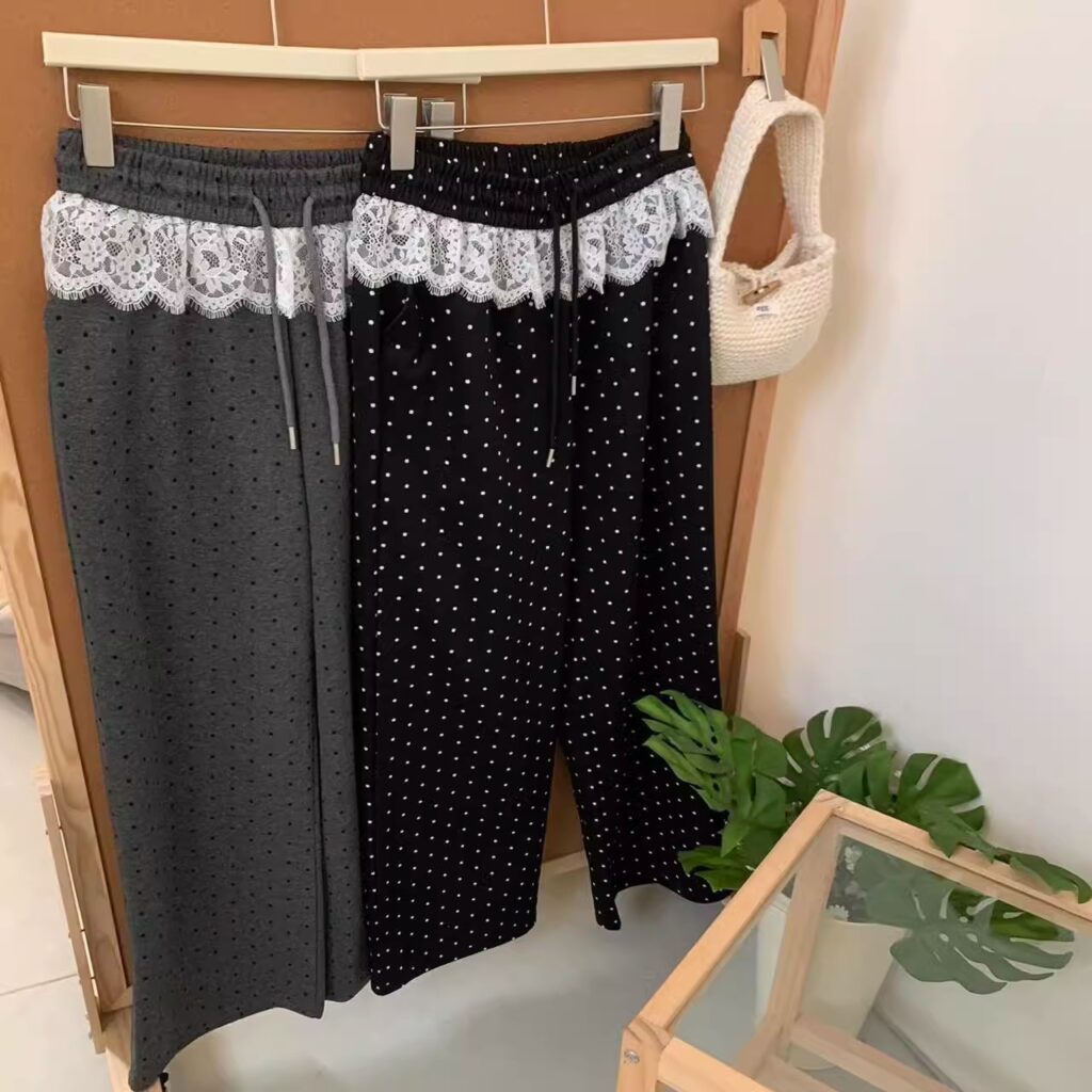 Chic Lace-waist Polka-dot Casual Straight-leg Pants That Add A Touch Of Sweetness And Youthful Charm