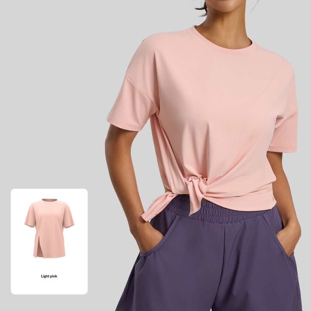 Split-front Loose-fit Short-sleeve Tunic For Yoga Running And Fitness