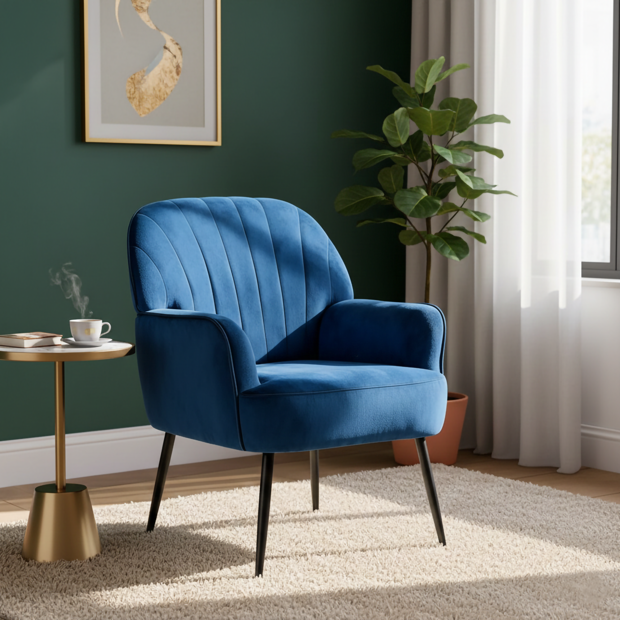 Velvet Accent Chair, Modern Upholstered Living Room Chairs, Luxury Single Sofa Armchair with Metal Legs, Comfy Barrel Chairs for Living Room, Waiting Room, Bedroom, Office and Cafe, Blue - Image 3