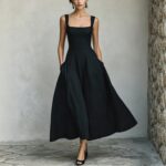 New Womens Square-neck Sleeveless Flared Dress