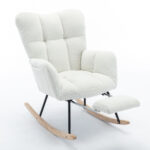 067-Teddy Fabric Leisure Rocking Chair With Adjustable Footstool,Nursery Rocking Chair, High Backrest, Storage Pocket On The Right Side,The Base Rocker Is Solid Wood And Metal,Ivory