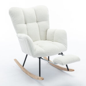 067-Teddy Fabric Leisure Rocking Chair With Adjustable Footstool,Nursery Rocking Chair, High Backrest, Storage Pocket On The Right Side,The Base Rocker Is Solid Wood And Metal,Ivory