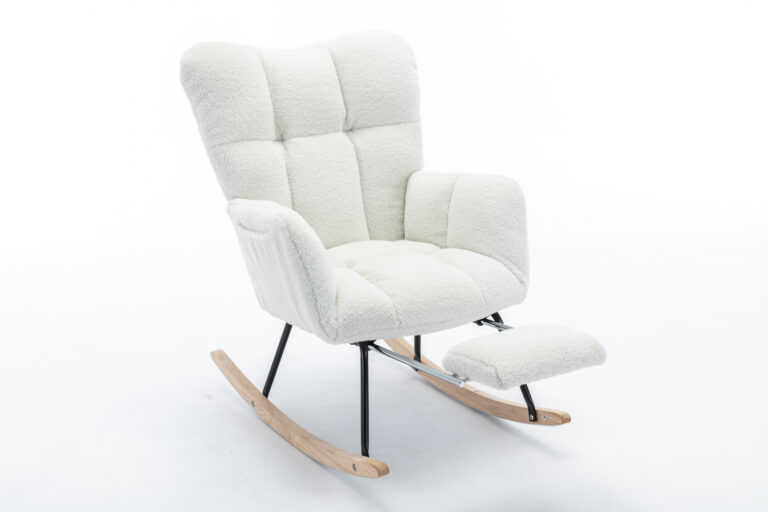 067-Teddy Fabric Leisure Rocking Chair With Adjustable Footstool,Nursery Rocking Chair, High Backrest, Storage Pocket On The Right Side,The Base Rocker Is Solid Wood And Metal,Ivory