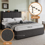 Upholstered Bed, 4ft6 Double Bed 135x190cm, Storage Bed, Soft Backrest, 4 Drawers With Pulleys, Metal Under-bed Bracket, With Bed Slats, Charging Port,For Adults & Teenagers, Linen, Grey No Mattress